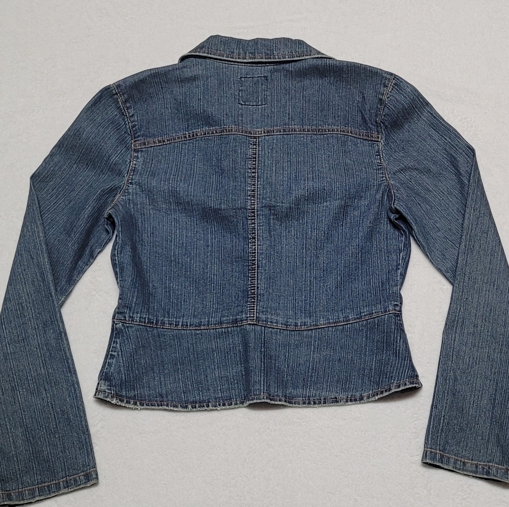90s Vintage My Michelle Mid-Wash Blue Stretch Denim Red Floral Embroidery Jacket - Picture 6 of 10